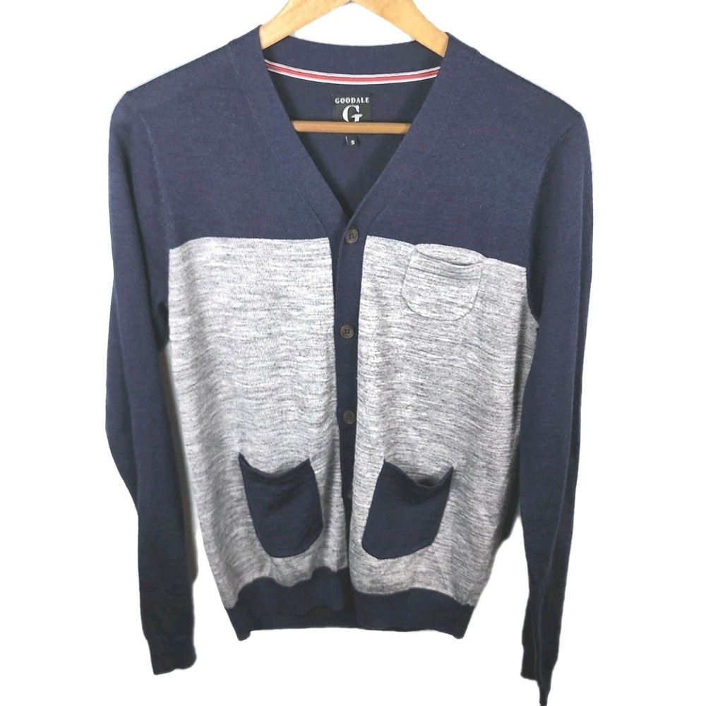 Goodale Cardigan Sweater‎ Mens Small Navy Gray Wool Blend Patch Pockets Casual